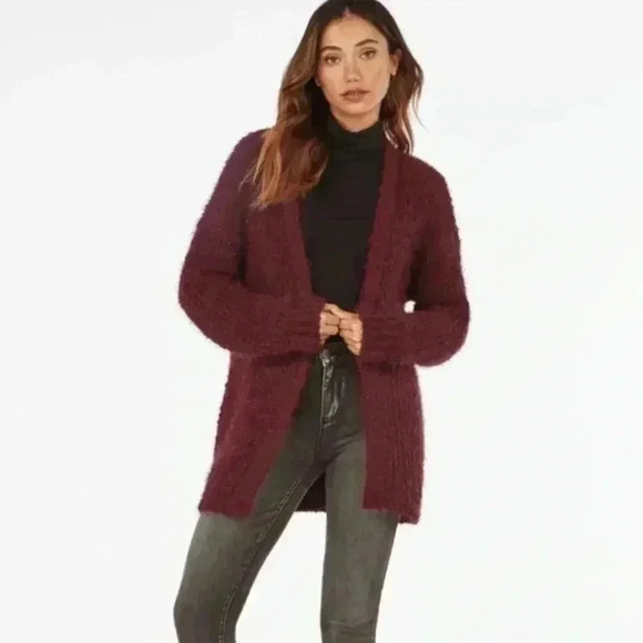 JustFab Fuzzy Burgundy Wine Open Cardigan - Picture 3 of 10
